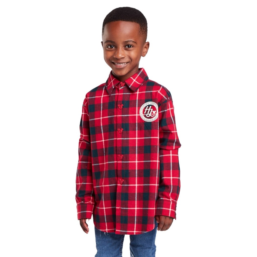 Disney Mickey Mouse Walt's Holiday Lodge Plaid Flannel Button Down Shirt 5/6